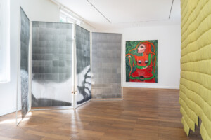 Sarah Lehnerer, 10.02.25, 2025, Druck-Frottage, Tinte auf Seidenpapier/ Print frottage, ink on tissue paper, Trulee Hall, Ophidiophilia (Lillith), 2021, Öl und Acryl auf Leinwand/ Oil and acrylic on canvas, Courtesy Döpfner Collection, Christin Kaiser, Wundes Gewand, 2026, Stoff / Fabric © Villa Schöningen. Foto: Sascha Herrmann, 2026.