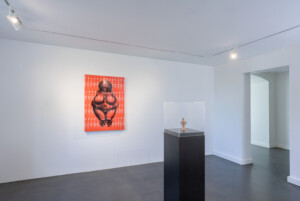 Lisa Brice, Plastic Makes Perfect, 1994, Serigrafie auf Folie, Collage von Fotokopien/ Silkscreen print on foil, collage of photocopies, Courtesy Döpfner Collection, Vinča Terrakottafigur einer Frau/ Vinča Terracotta Figure Of A Woman, 5000-4500 v. Chr/ 5000-4500 BC, Terrakottafigure / Terracotta figure, Courtesy Döpfner Collection © Villa Schöningen. Foto: Sascha Herrmann, 2026.